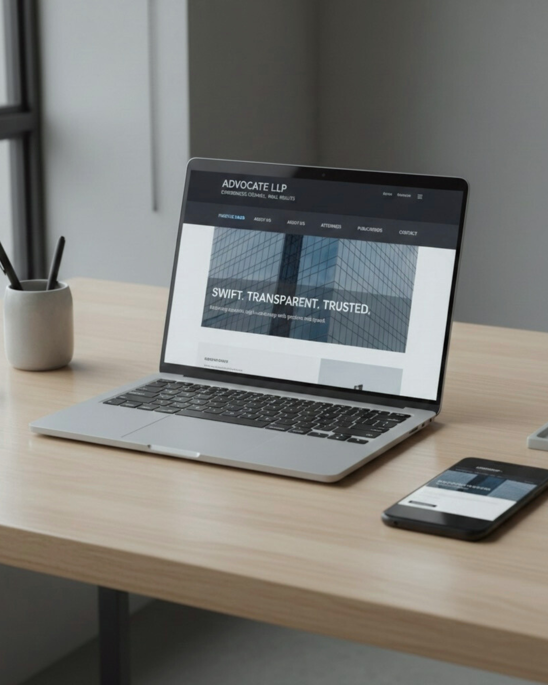A laptop on a desk displaying a law firm's effect website design