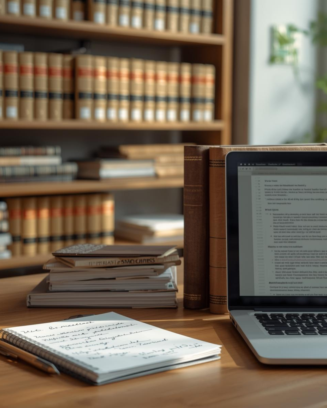 A laptop, notepad, and law books inside a law office